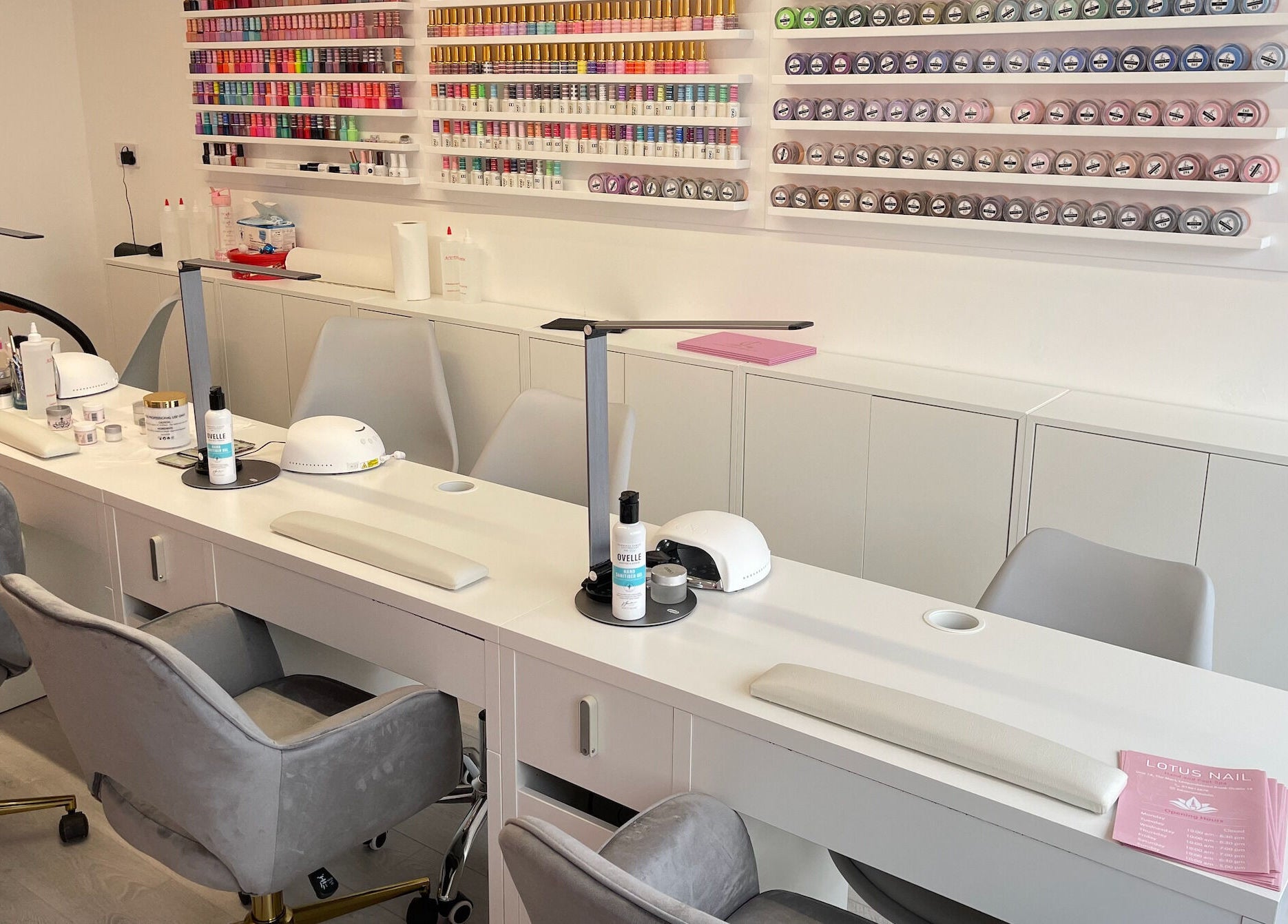 Lotus Nail Leopardstown's modern nail station in Dublin, County Dublin, IE with colorful gel polish display.