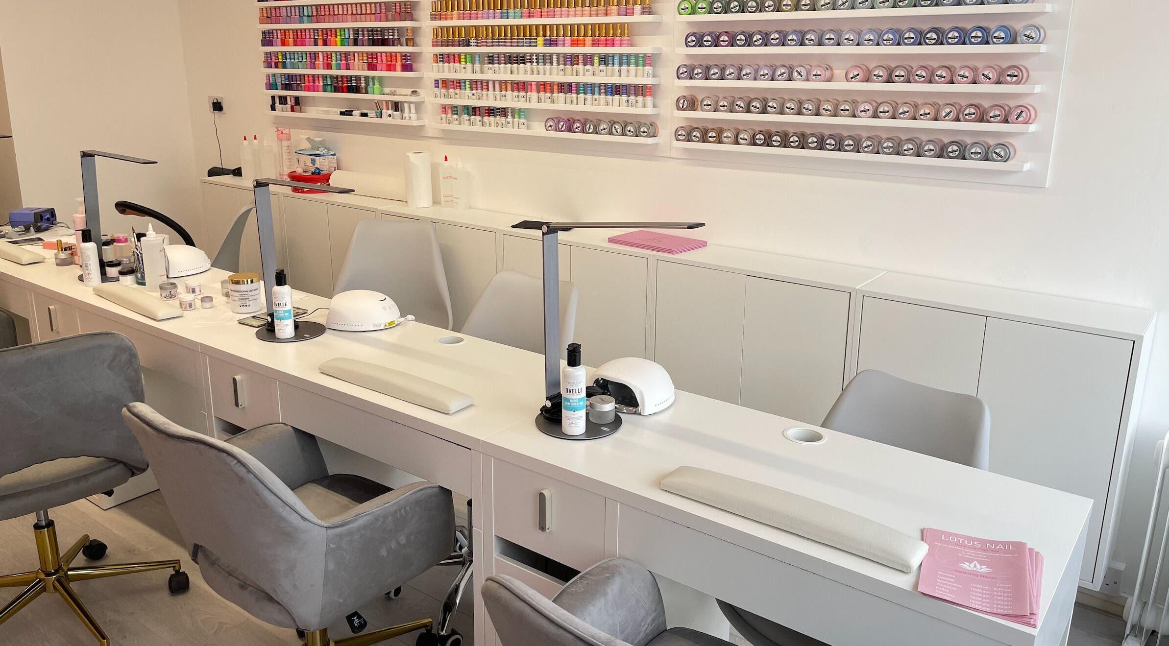 Lotus Nail Leopardstown's modern nail station in Dublin, County Dublin, IE with colorful gel polish display.