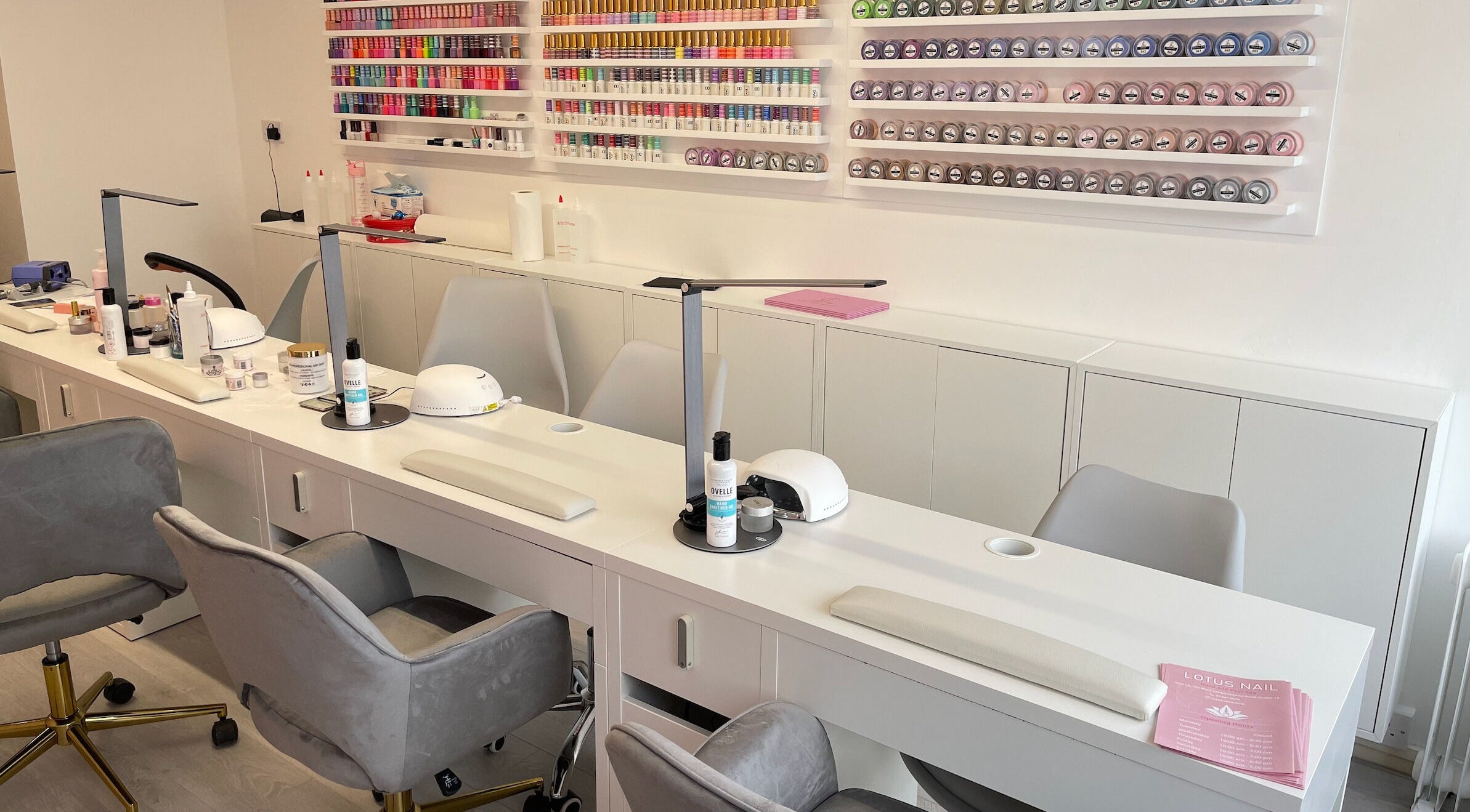 Lotus Nail Leopardstown's modern nail station in Dublin, County Dublin, IE with colorful gel polish display.