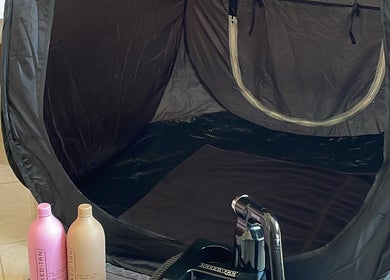 Spray tanning booth at My Beauty Haus, Fairfield, New South Wales, AU, featuring high-end products.
