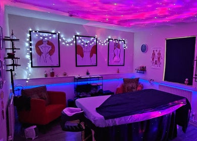Serene massage room at Pure Turtle Wellbeing at The Pod, Burton Latimer, England, GB, with soothing lighting.