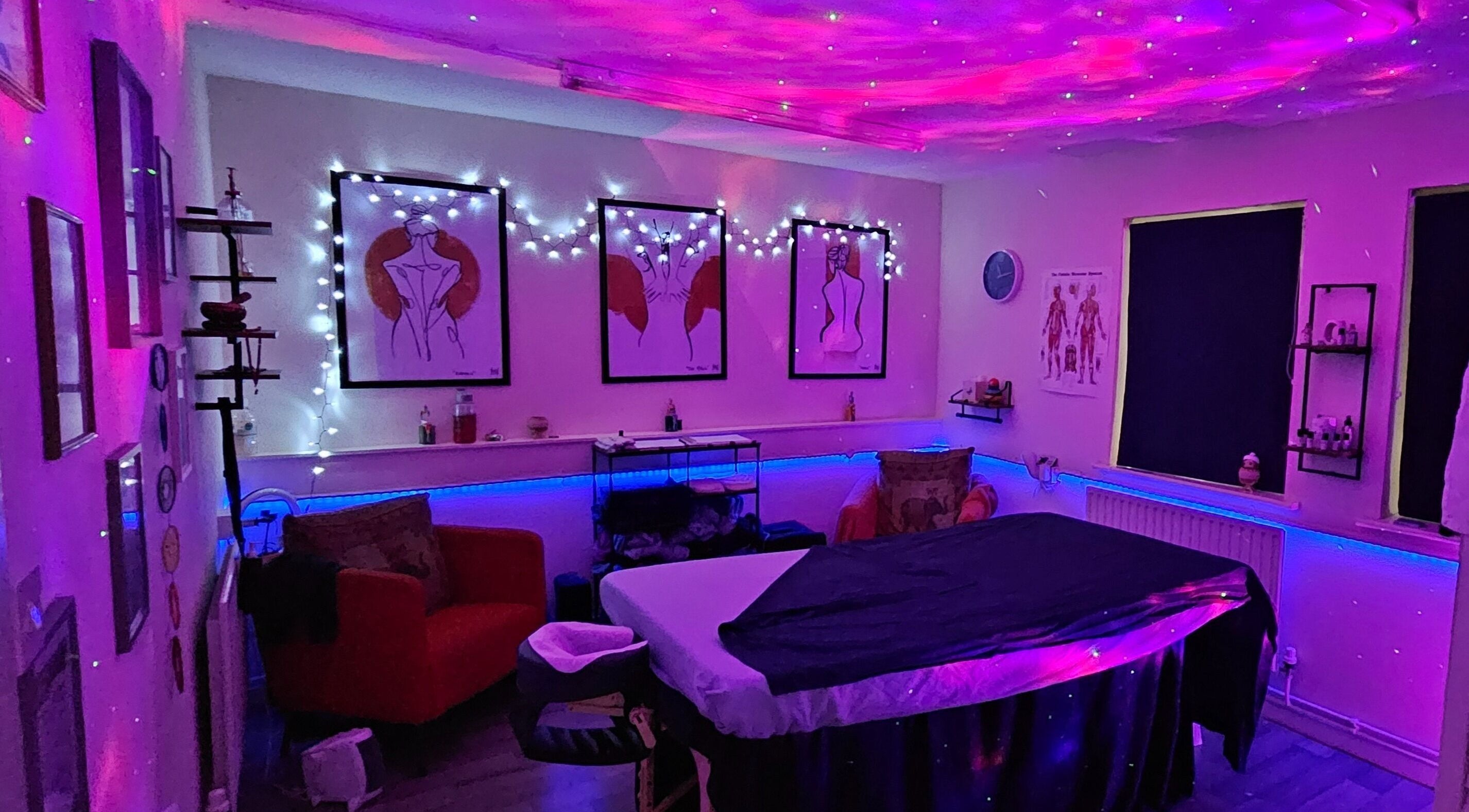 Tranquil therapy room at Origin Wellbeing at The Pod, Burton Latimer, England, GB, with soothing lights.