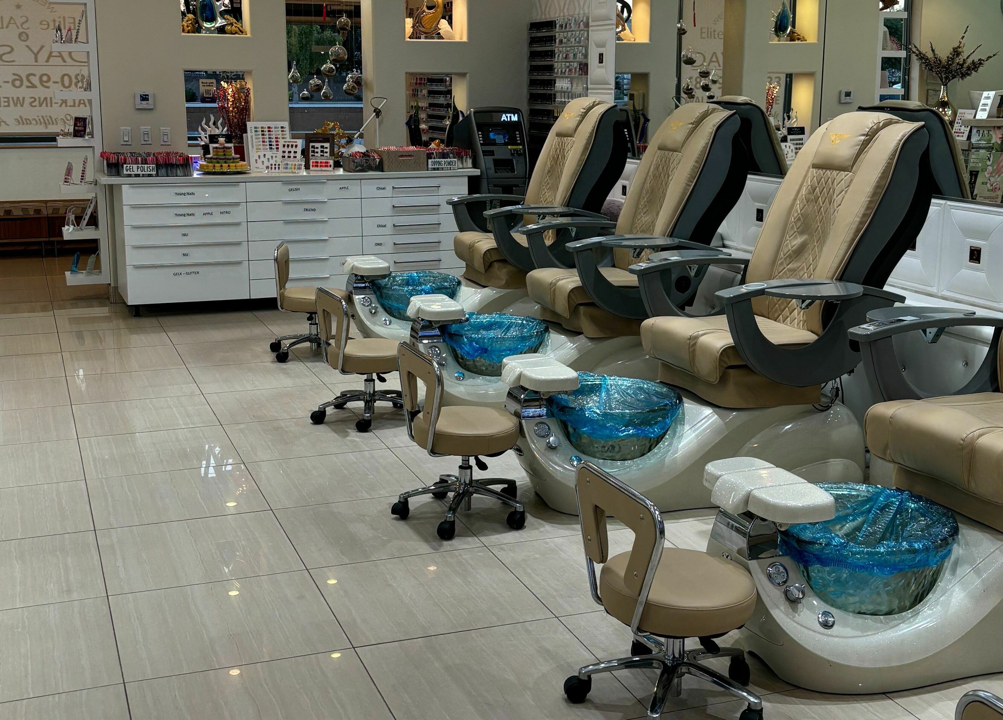 Luxurious pedicure chairs at Elite Salon and Day Spa, Gilbert, Arizona, US, showcasing a serene ambiance.