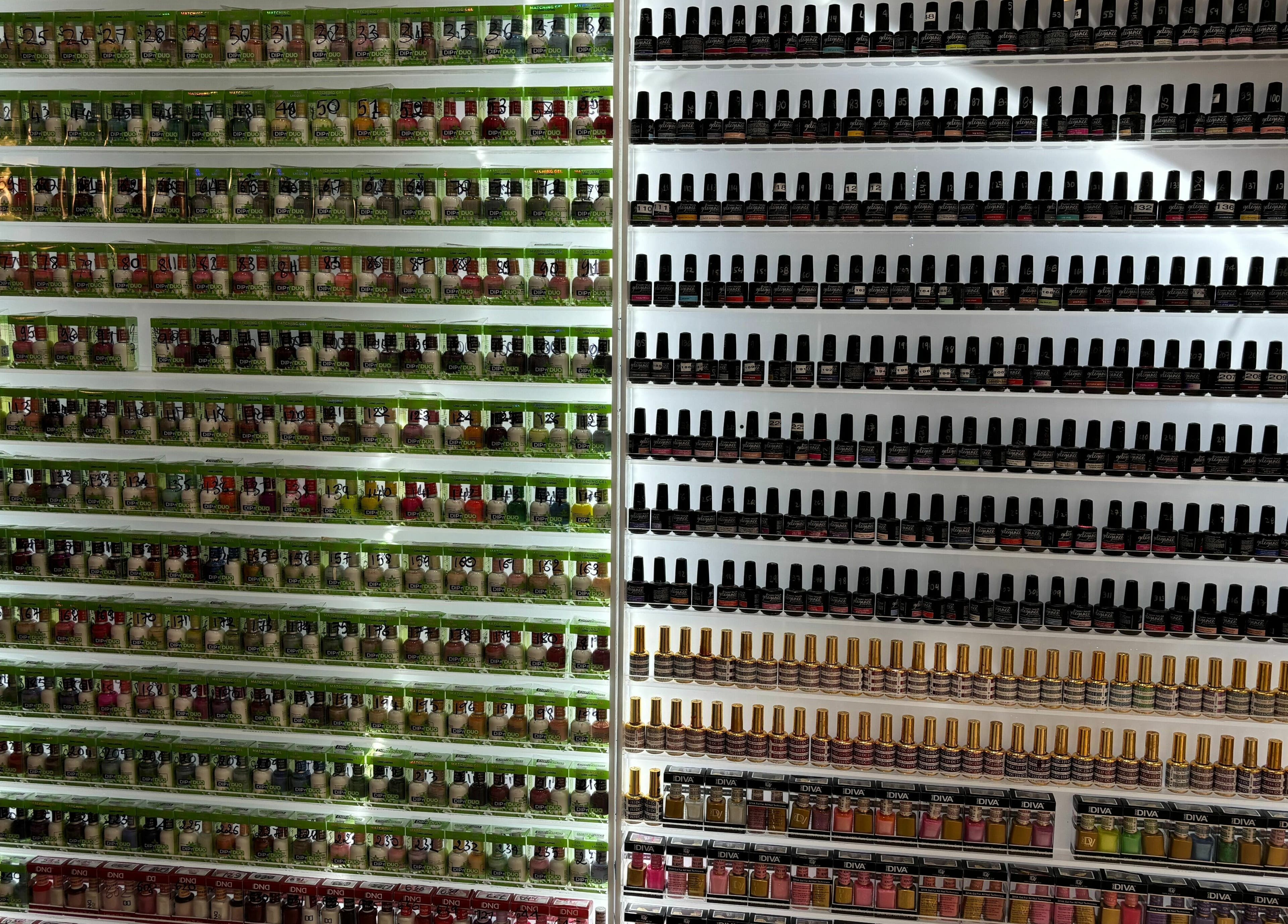 Wide selection of nail polish at Elite Salon and Day Spa, Gilbert, Arizona, US, offering vibrant color choices.
