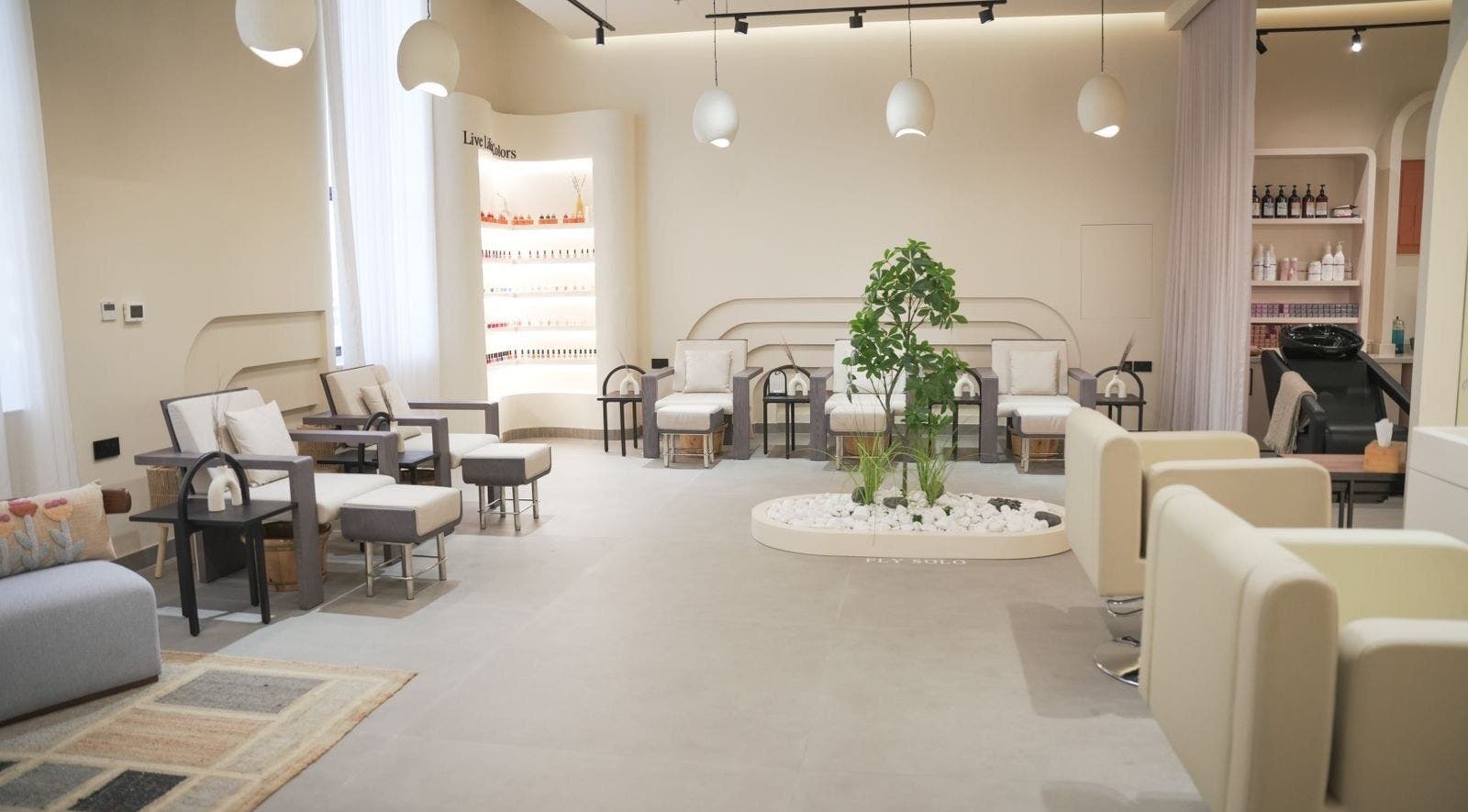 Sophisticated lounge interior at SOLO in Ajman, Ajman, AE with modern chairs and lush greenery.