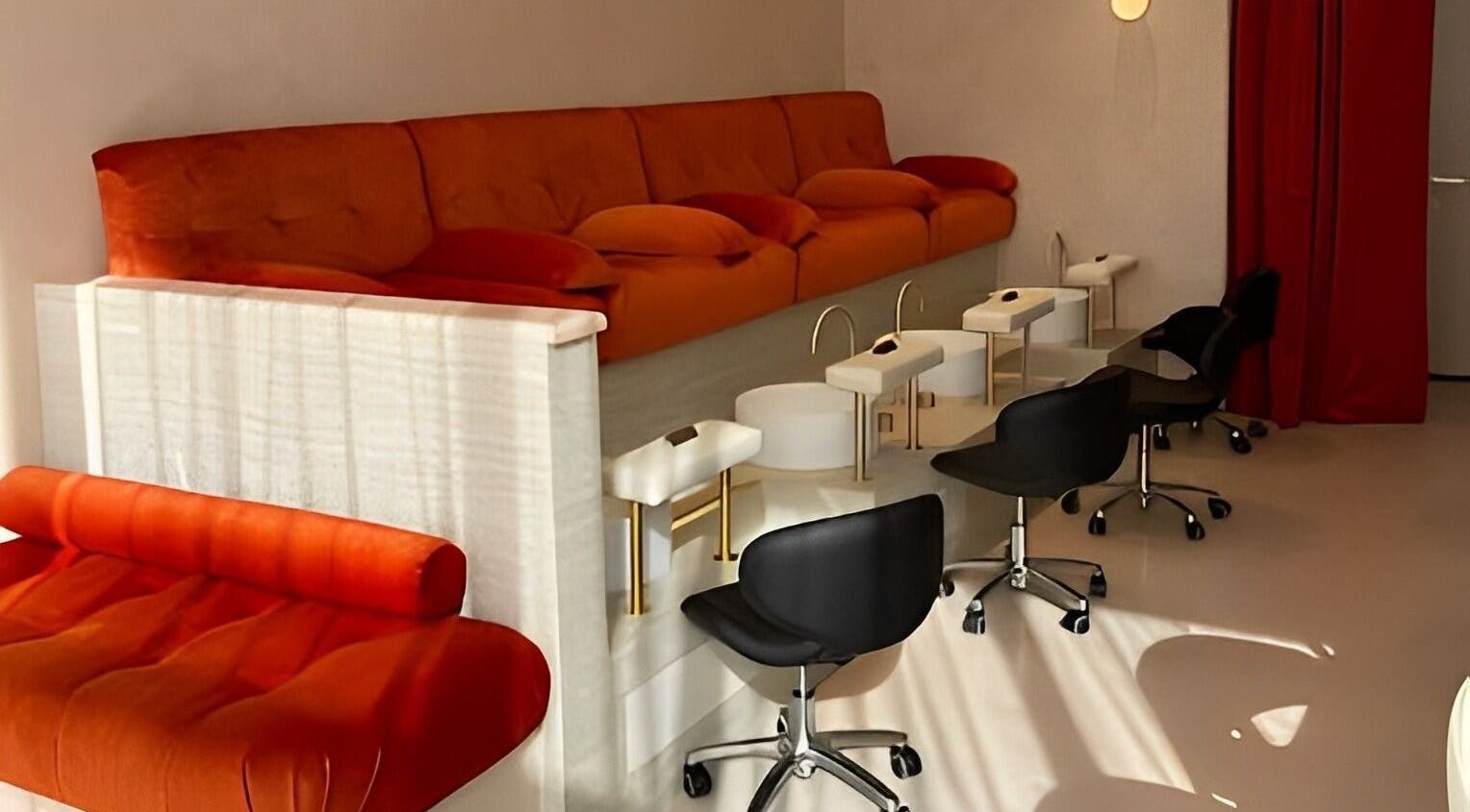 Cozy nail lounge at 1999 House of Nails - Ferrymead in Christchurch, Canterbury, NZ with plush seats and sleek furnitures.