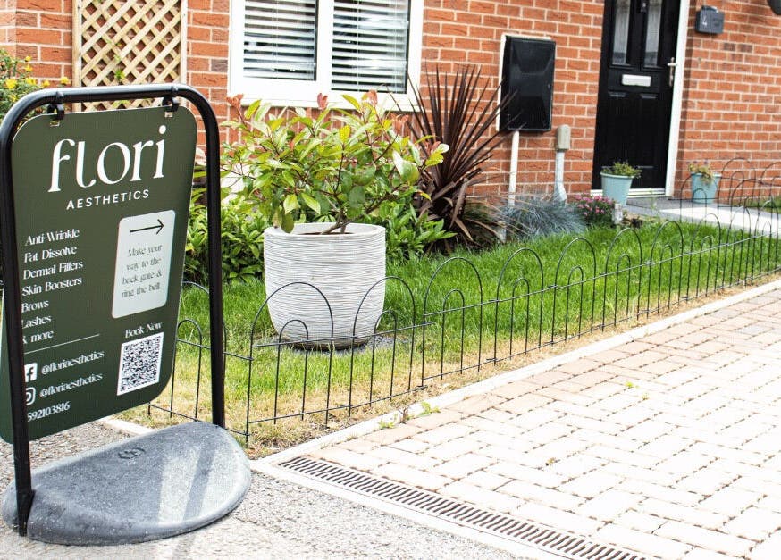 Flori Aesthetics Whittlesey sign in front of a brick building, Whittlesey, England, GB.