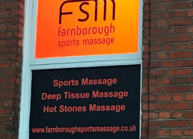 Farnborough Sports Massage exterior sign showing massage services in Farnborough, England, GB.