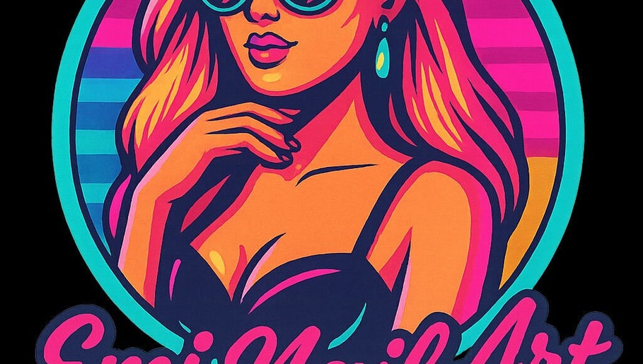 Colorful pop art design representing Emi Nail Art in Gibraltar, GI. Stylish woman with sunglasses and elegant flair.