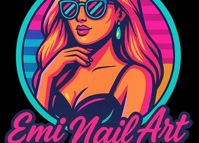 Colorful pop art design representing Emi Nail Art in Gibraltar, GI. Stylish woman with sunglasses and elegant flair.