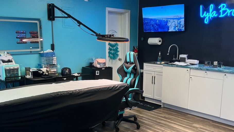 Elegant treatment room at Lyla Brows & Beauty in Deerfield Beach, Florida, US, showcasing modern decor and equipment.