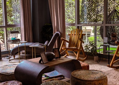 Relaxing lounge area at Rayya Wellness, Sky Bay Hotel with plush seating, Dubai, AE.