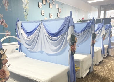 Cozy treatment area at Canny Beauty Lashes (Arcadia), Arcadia, California, US. Elegantly draped with blue fabric.