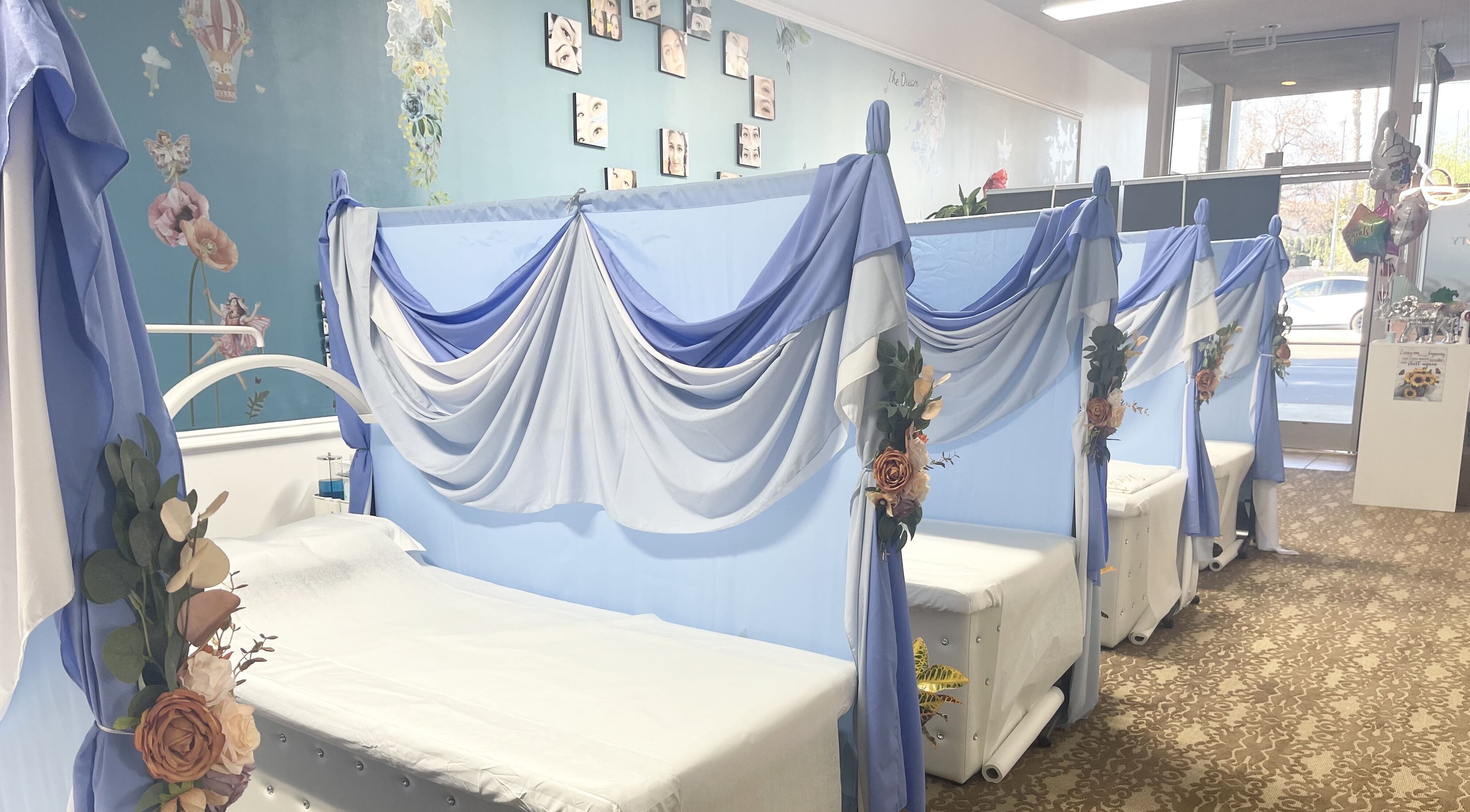 Cozy treatment area at Canny Beauty Lashes (Arcadia), Arcadia, California, US. Elegantly draped with blue fabric.