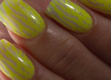 Bright neon zebra nail art at Shardilly Nails, Hebburn, England, GB showcasing vivid creativity.