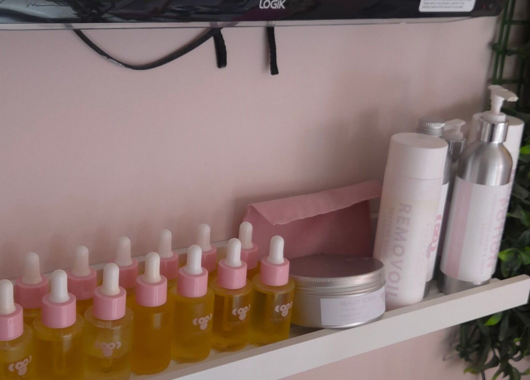 Beauty products on display at Shardilly Nails, Hebburn, England, GB showcasing oils and lotions.