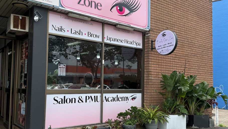 Beauty spa zone storefront in Cardiff, New South Wales, AU offering nails, lashes, and brows.