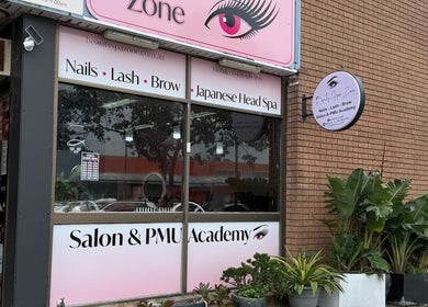 Beauty spa zone storefront in Cardiff, New South Wales, AU offering nails, lashes, and brows.