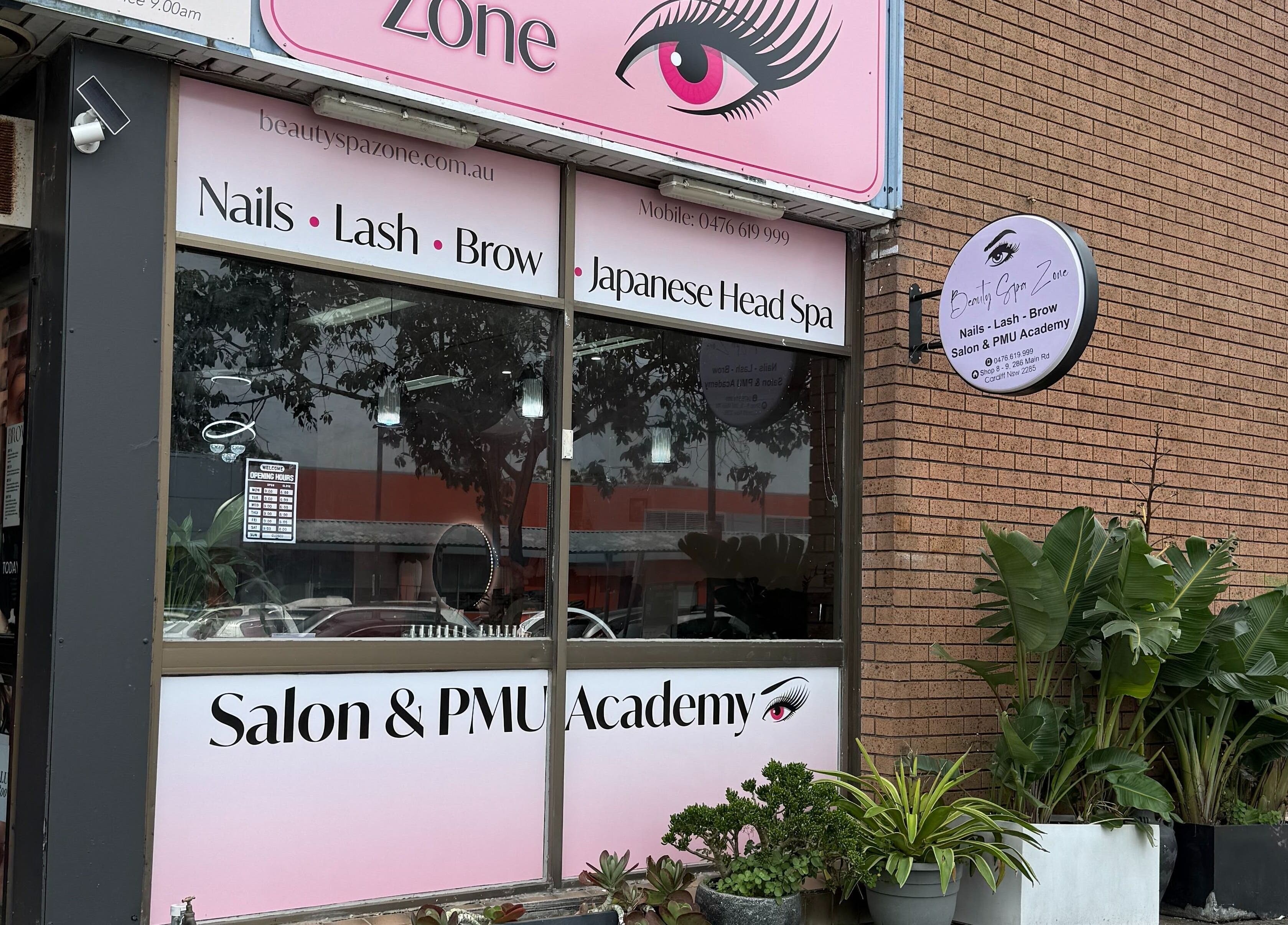 Beauty spa zone storefront in Cardiff, New South Wales, AU offering nails, lashes, and brows.