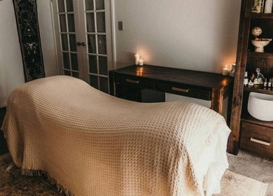 Peaceful massage room at Soul Sacrum Massage Therapy, Stoneville, Western Australia, AU with ambient lighting.