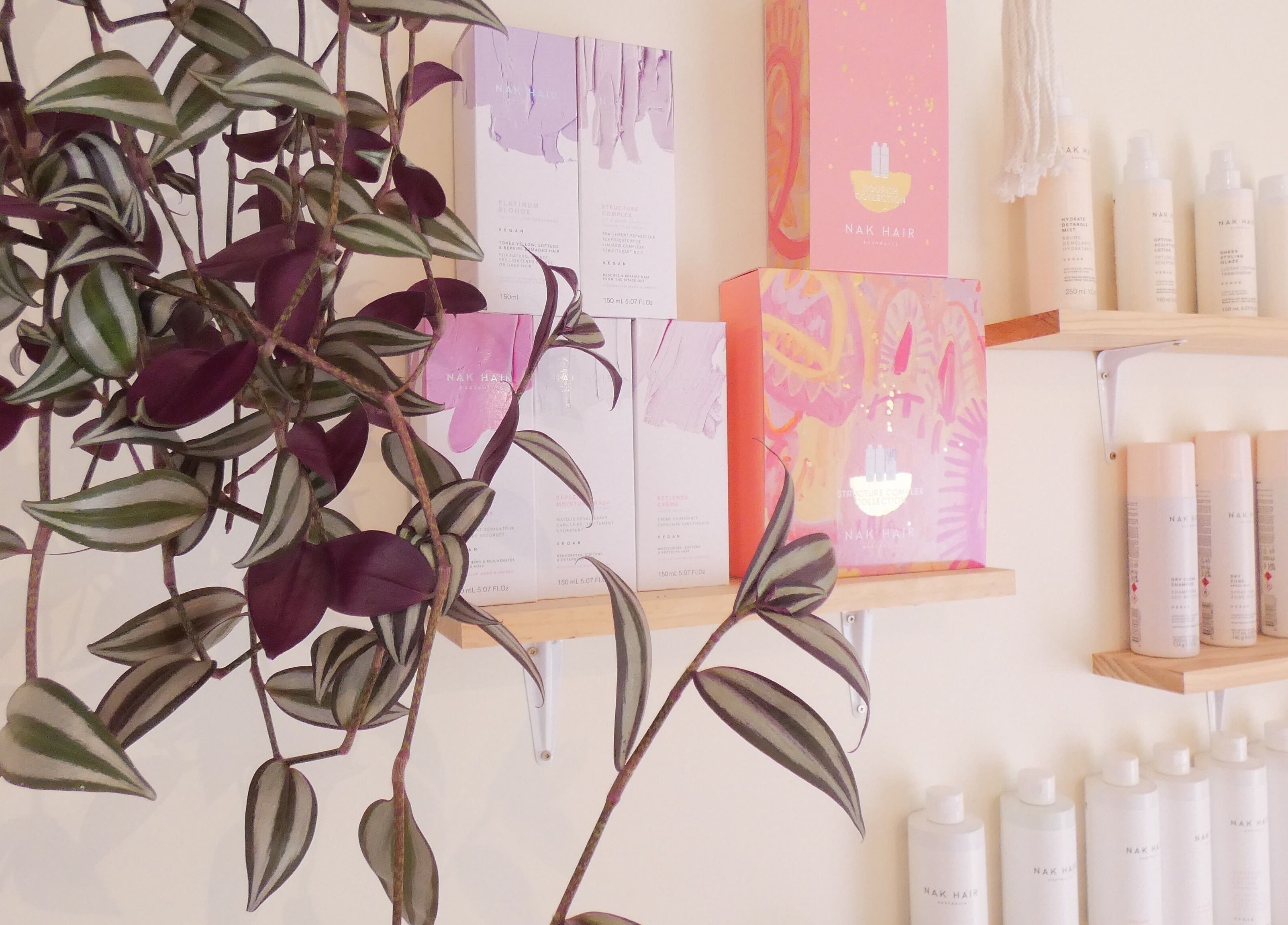 Elegant product display on shelves with plants at Gwen the Salon in Ohoka, Canterbury, NZ.