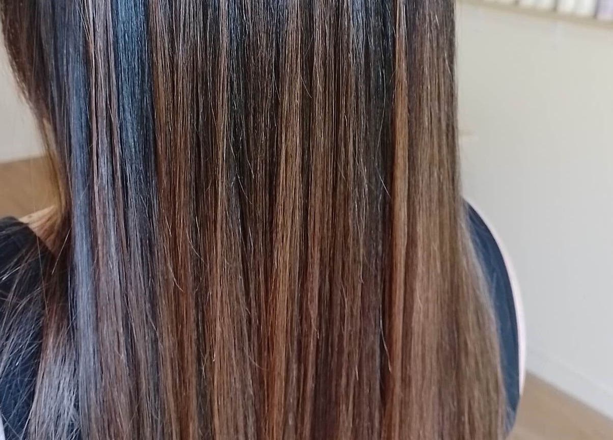 Smooth, shiny hair after treatment at Gwen the Salon, Ohoka, Canterbury, NZ.