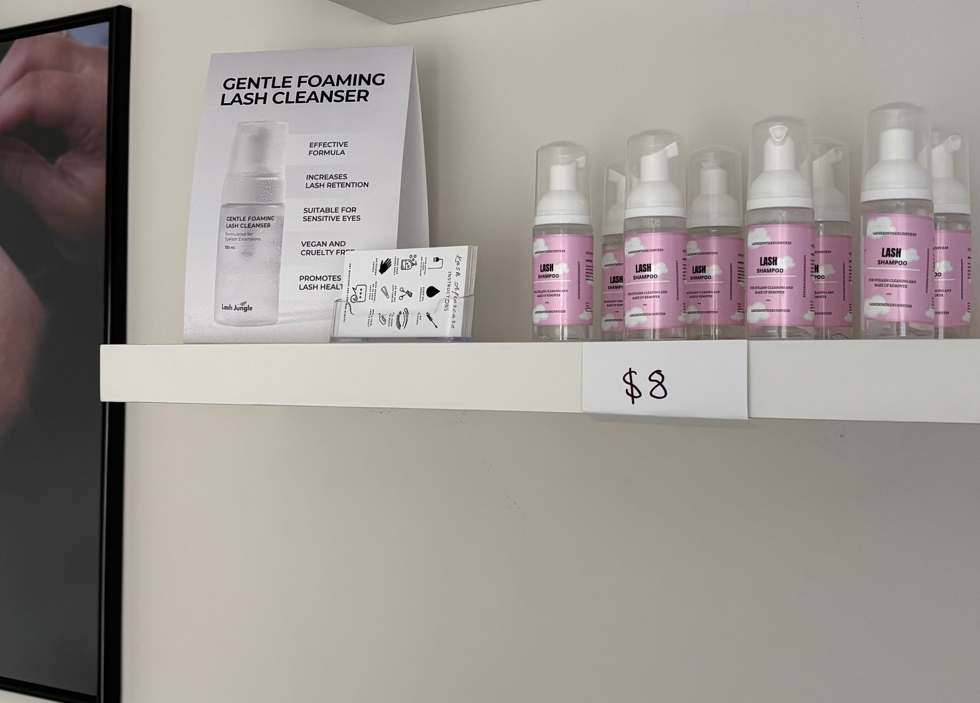 Lash cleanser products on shelf at Lashes on the run by Jess Geelong Salon, Corio, Victoria, AU.