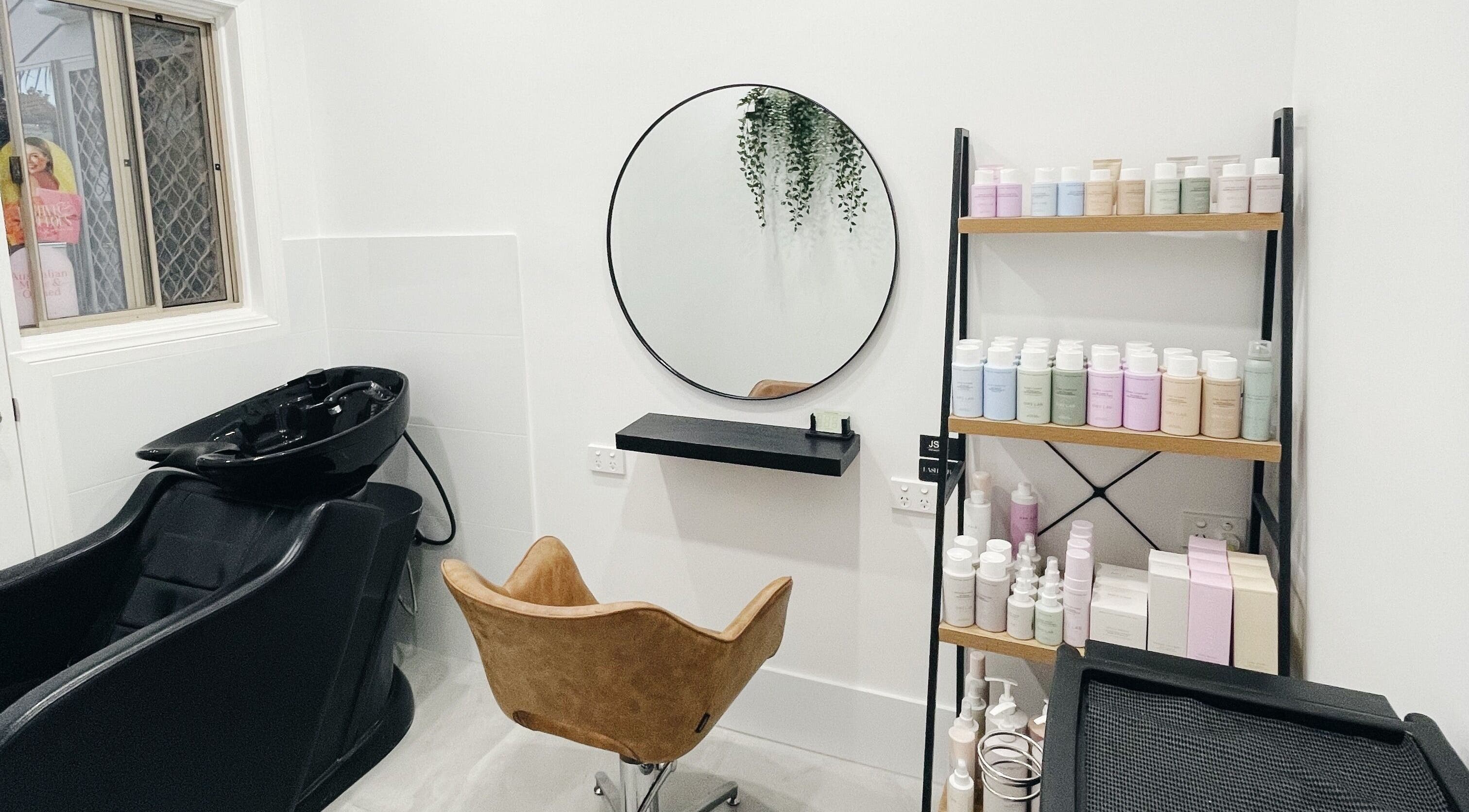 Modern wash station and product shelf at C.Co Hair by Chels, Mountain Creek, Queensland, AU.