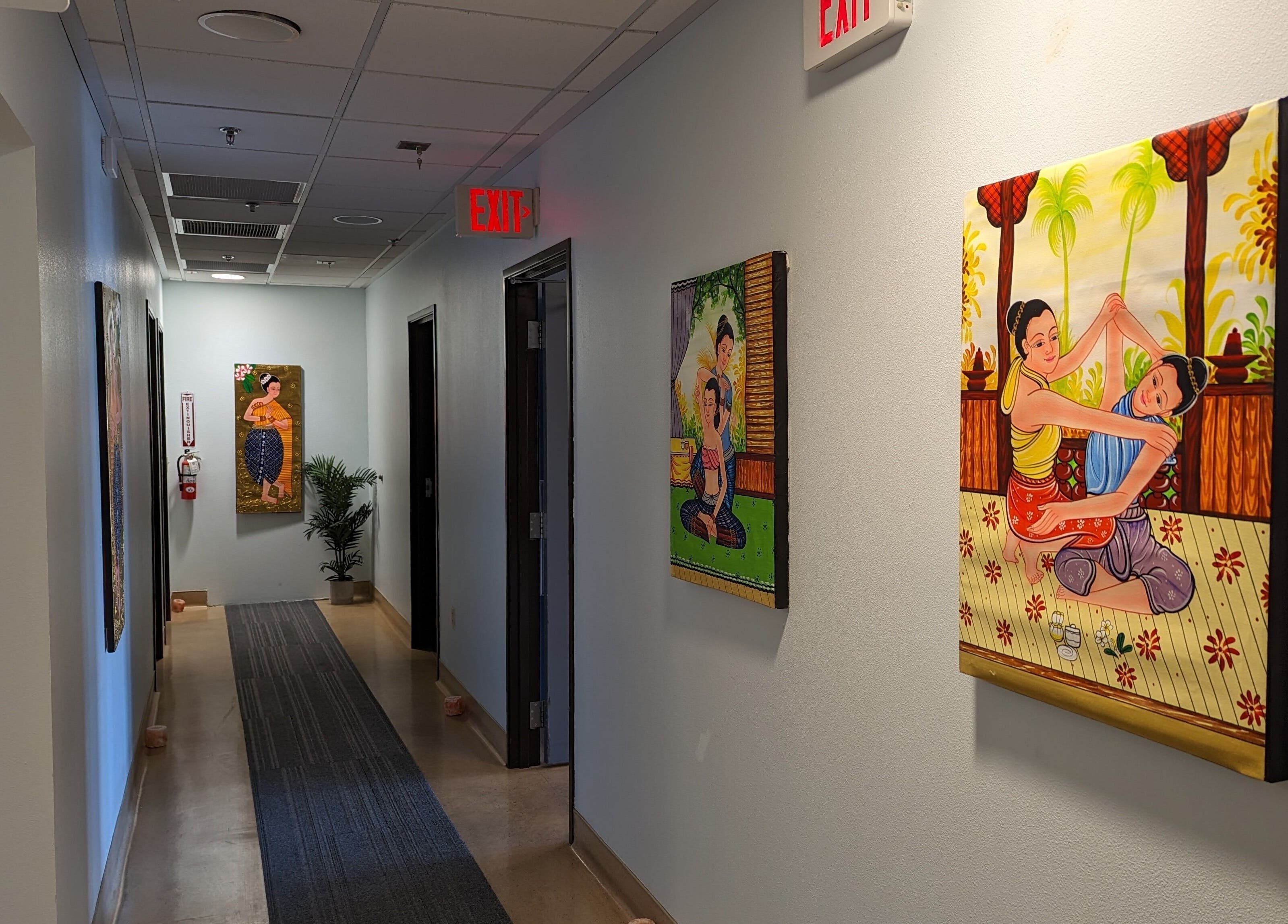 Colorful Thai art in corridor of Bua Thai Massage, Las Vegas, Nevada, US.