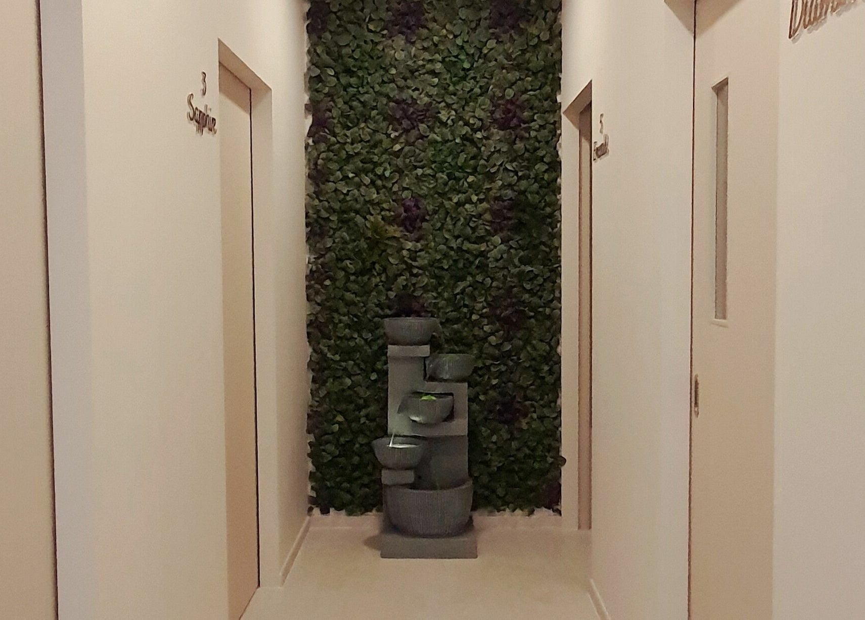 Tranquil hallway with green wall and water feature at Gro Wellness Asia 佫洛养生轩 (Farrer Park), Singapore, SG.