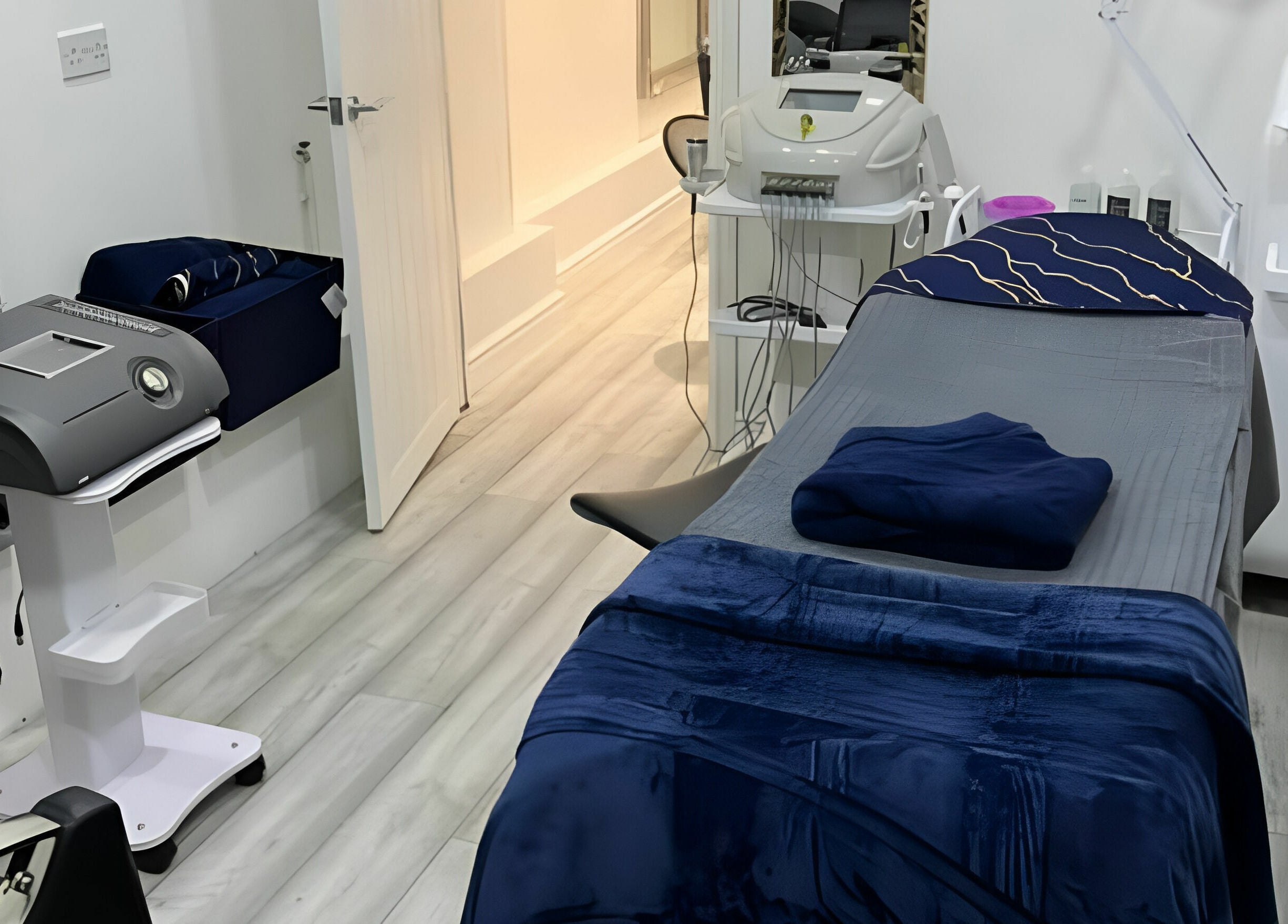 Treatment room at Nene Valley Pure Skin Ltd, Peterborough, England, GB. Modern equipment and inviting ambiance.