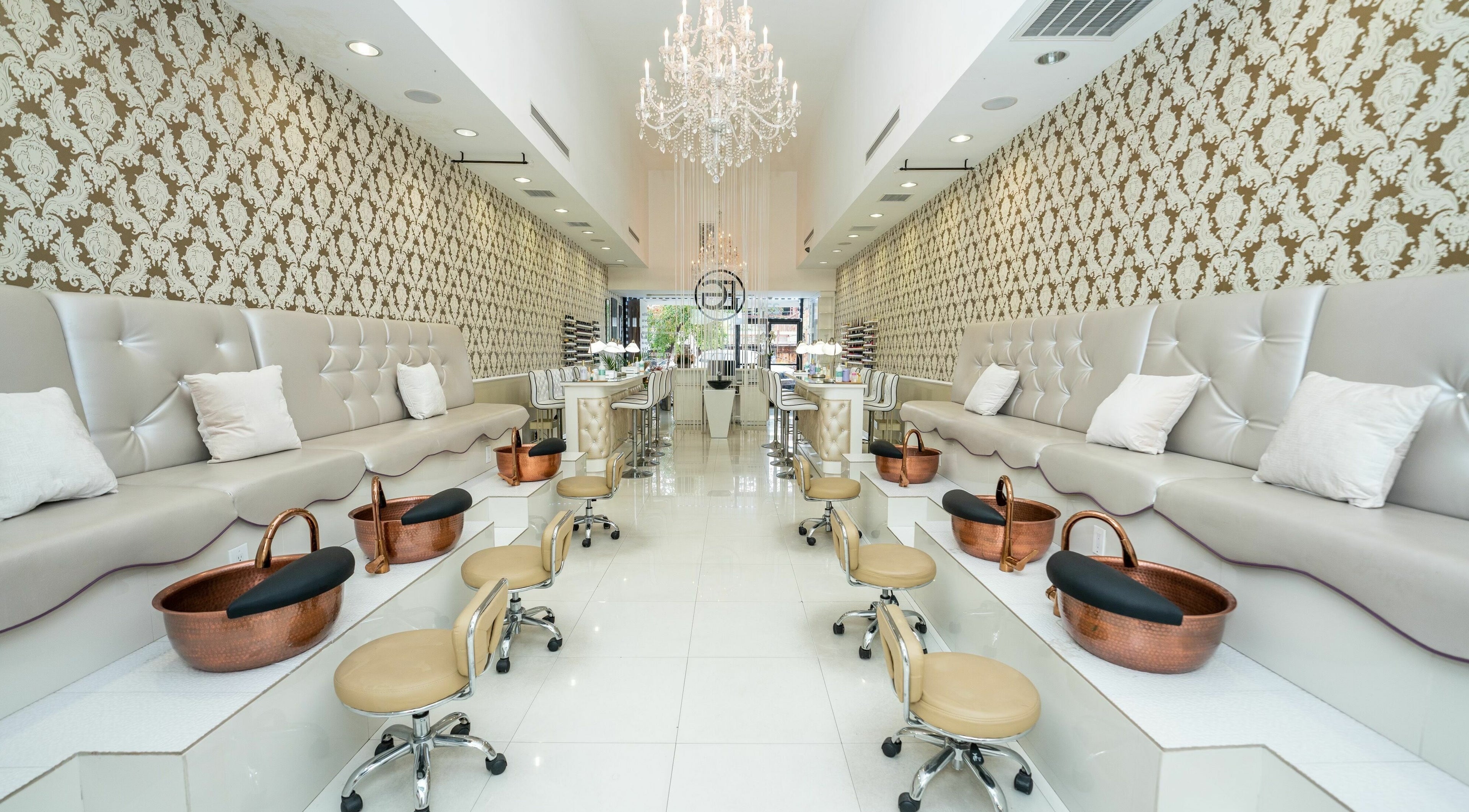 Luxurious pedicure area at EG Beauty Center in Glendale, California, US with elegant decor and seating.
