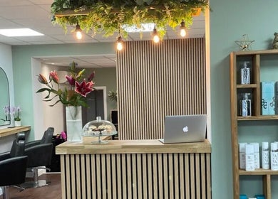 Stylish interior of Get Lashed in Birmingham, England, GB featuring modern decor and beauty products.