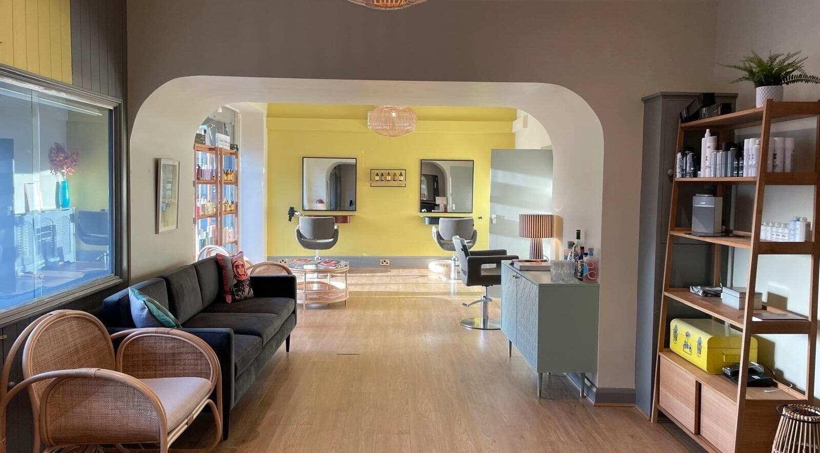 Interior view of The French Reception, Harrogate, England, GB; stylish seating and mirrors.