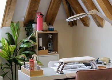 Cozy nail station at Cussans Nails & Beauty, Chichester, England, GB, featuring a serene and inviting setup.