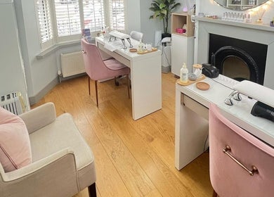 Chic nail treatment space inside Cussans Nails & Beauty, Chichester, England, GB. Modern decor with elegant touches.