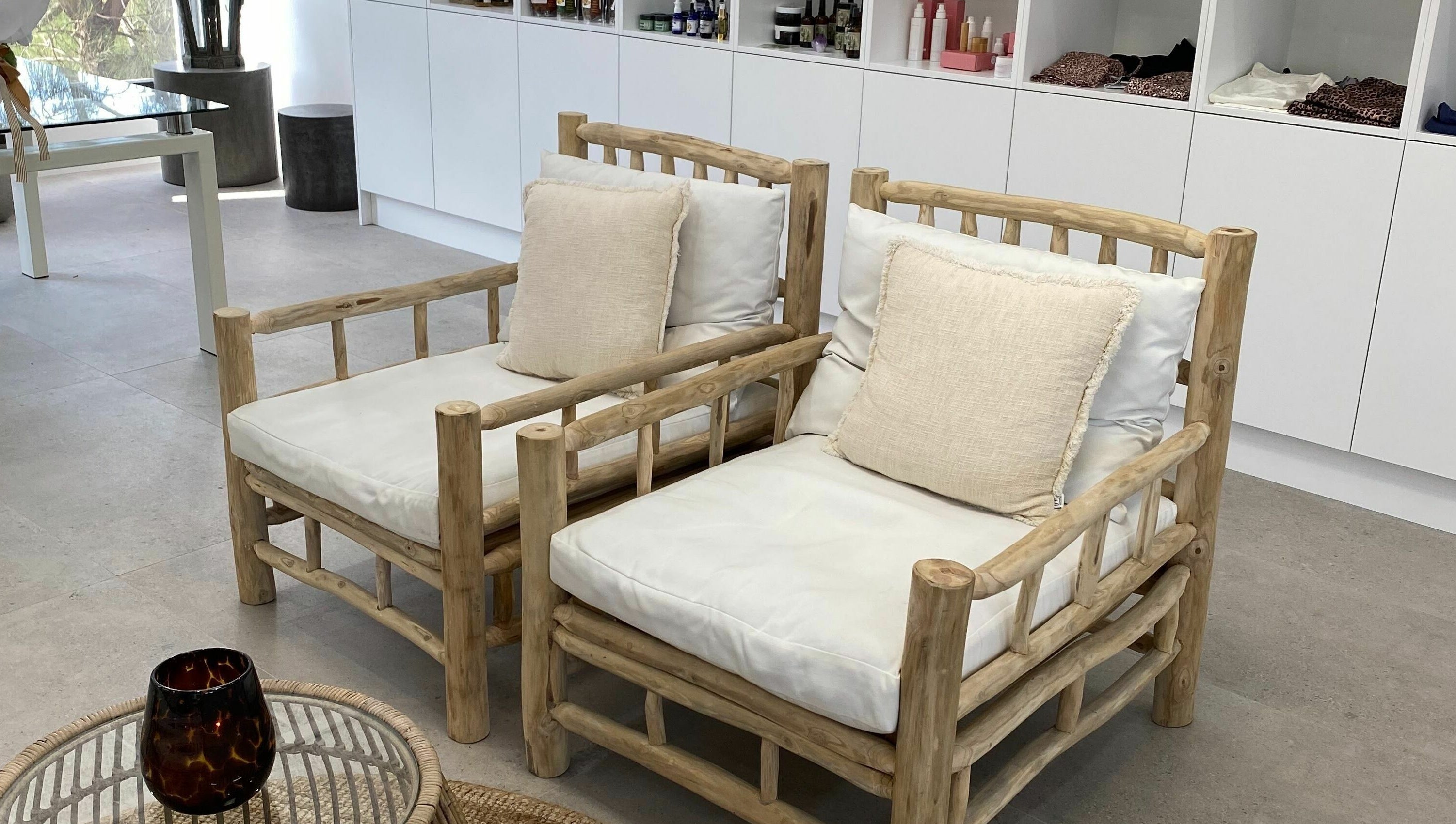 Natural wood seating area at SOJO Essential Wellness in Botany, NSW, AU offers a calming retreat for relaxation.