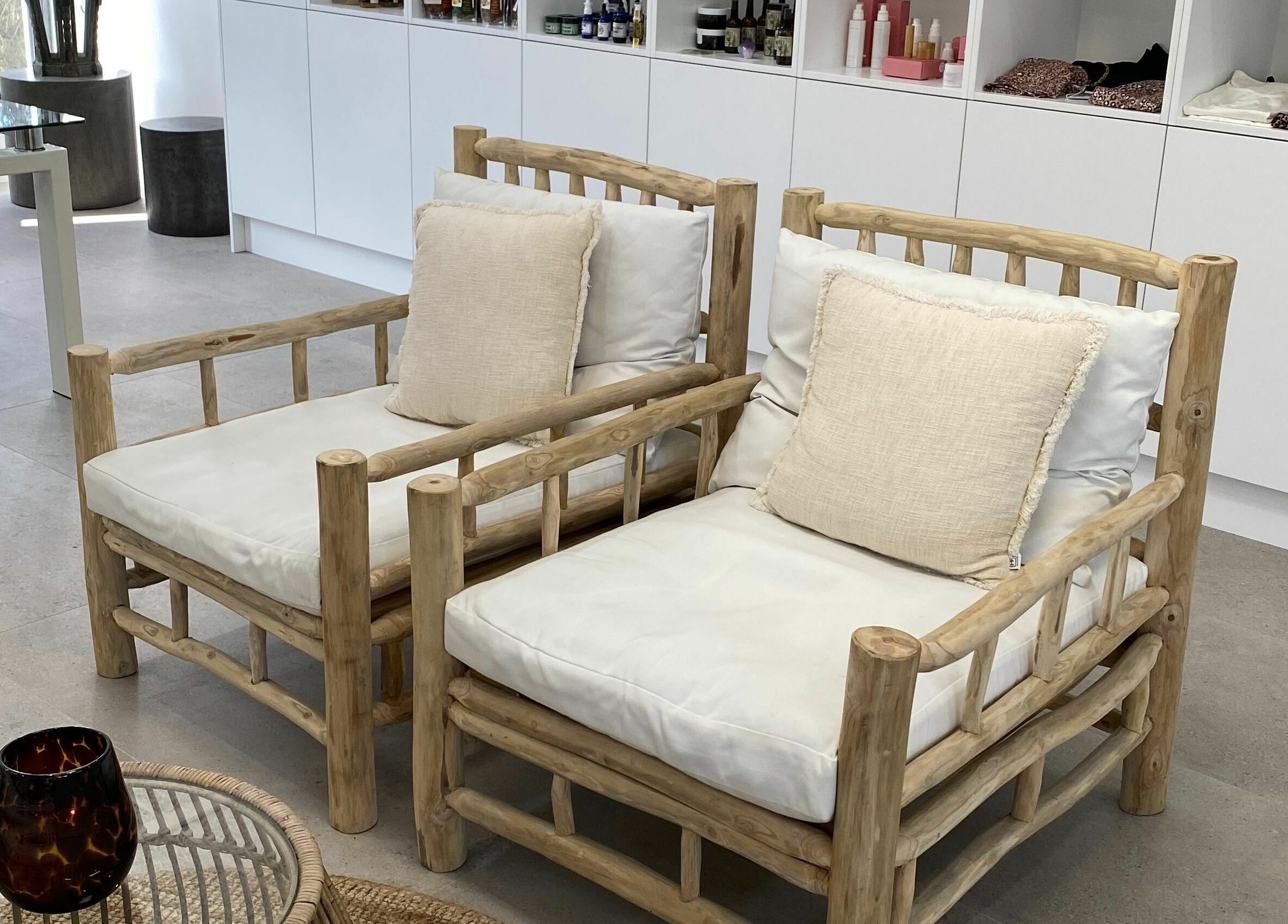 Natural wood seating area at SOJO Essential Wellness in Botany, NSW, AU offers a calming retreat for relaxation.