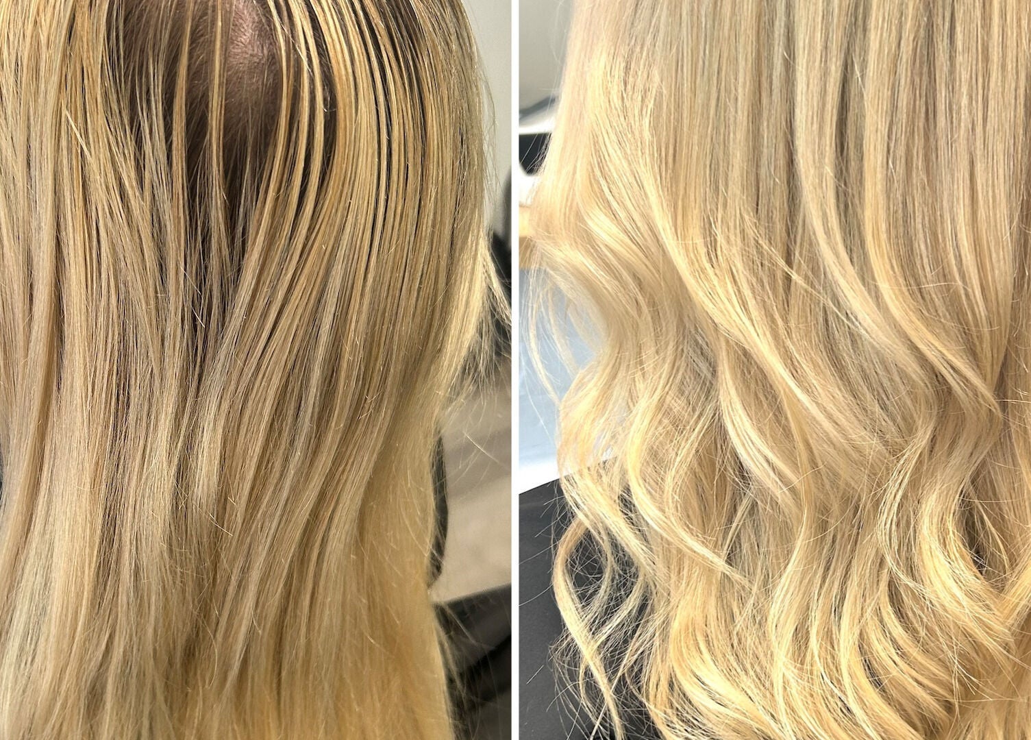Before and after of blonde hair transformation at Julie Williams Hair and Brows in Barnstaple, England, GB.