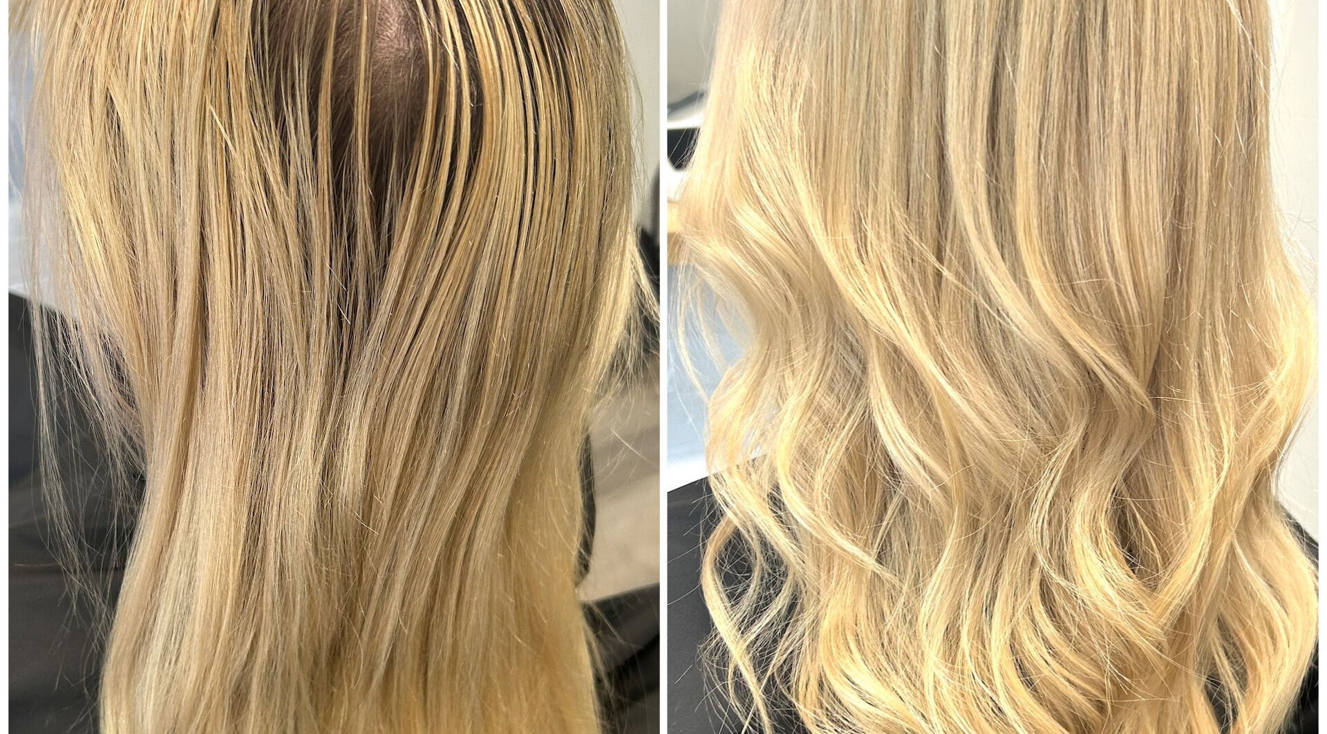 Before and after of blonde hair transformation at Julie Williams Hair and Brows in Barnstaple, England, GB.