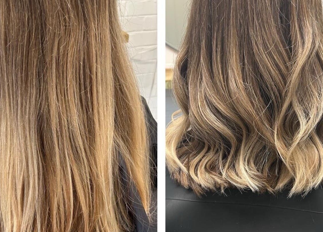 Before and after hair transformation at Julie Williams Hair and Brows, Barnstaple, England, GB.