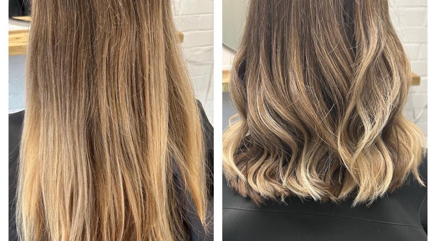 Before and after hair transformation at Julie Williams Hair and Brows, Barnstaple, England, GB.