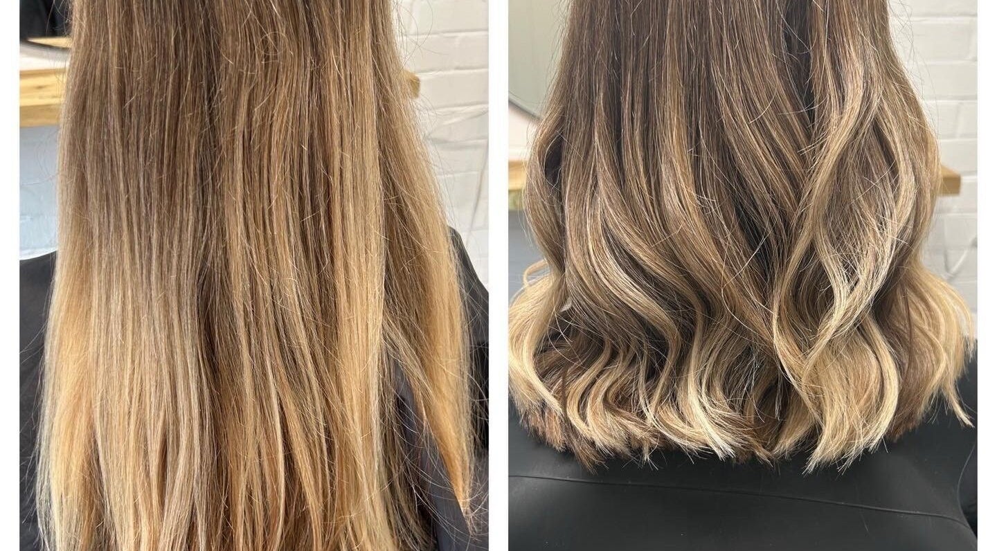 Before and after hair transformation at Julie Williams Hair and Brows, Barnstaple, England, GB.