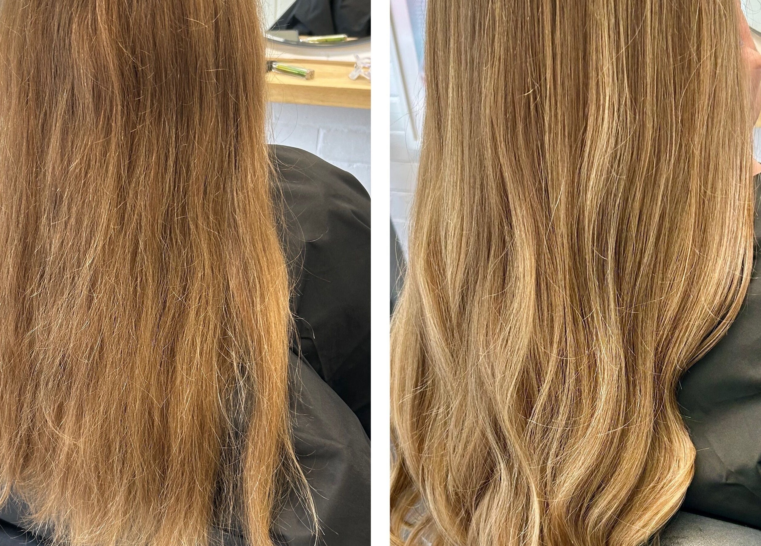 Before and after hair transformation at Julie Williams Hair and Brows, Barnstaple, England, GB.