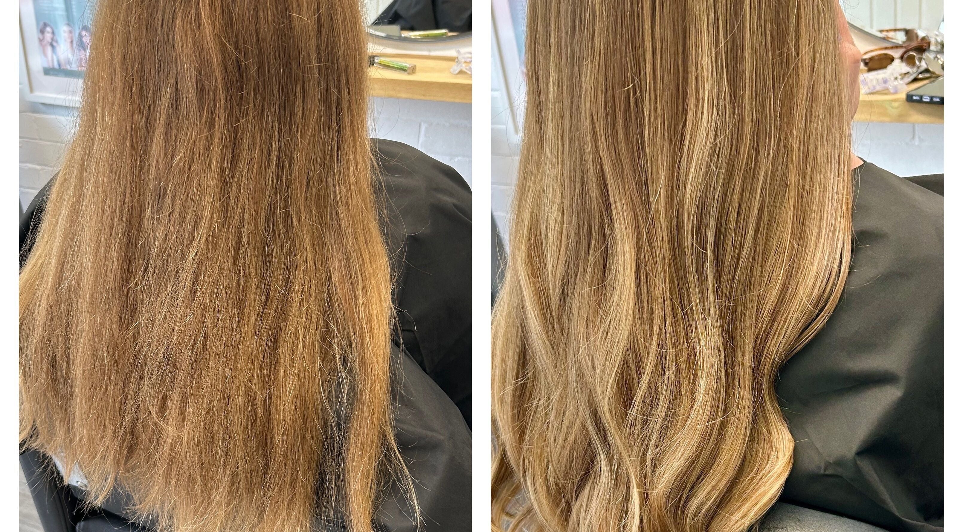 Before and after hair transformation at Julie Williams Hair and Brows, Barnstaple, England, GB.