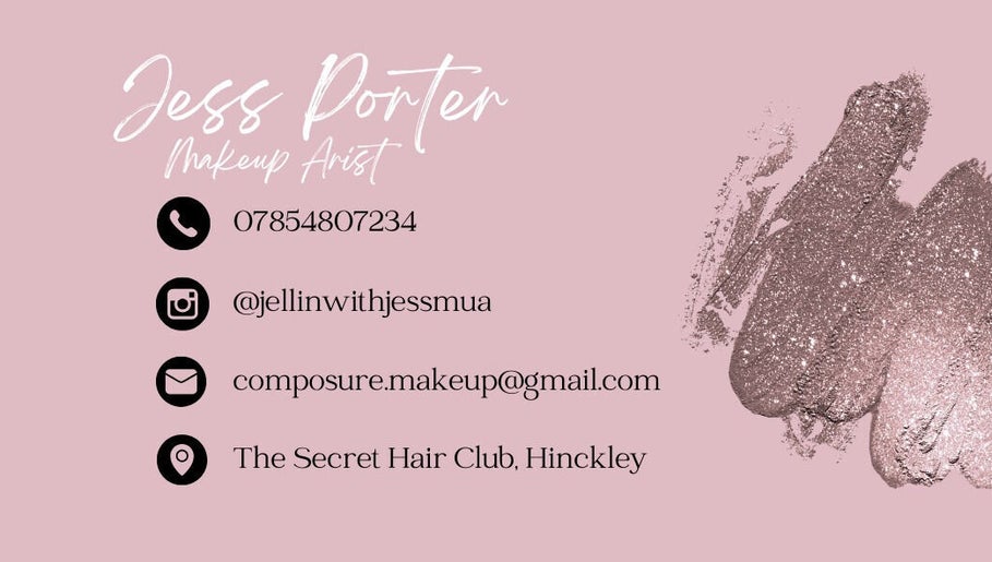 Jess Porter Pro Makeup Artist contact details on pink background, Hinckley, England, GB.