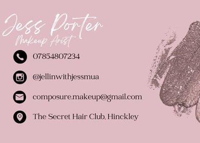 Jess Porter Pro Makeup Artist contact details on pink background, Hinckley, England, GB.