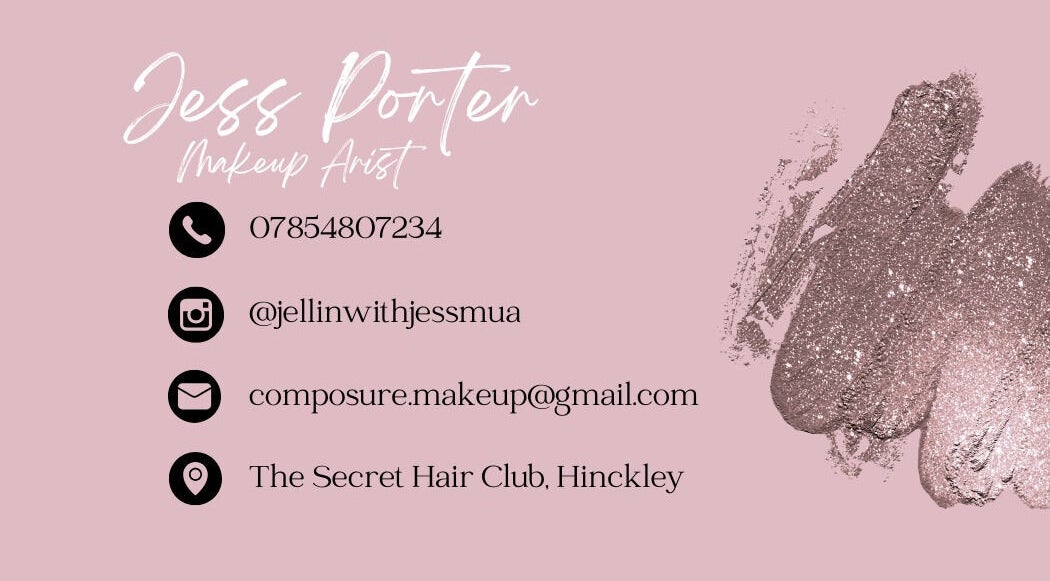 Jess Porter Pro Makeup Artist contact details on pink background, Hinckley, England, GB.