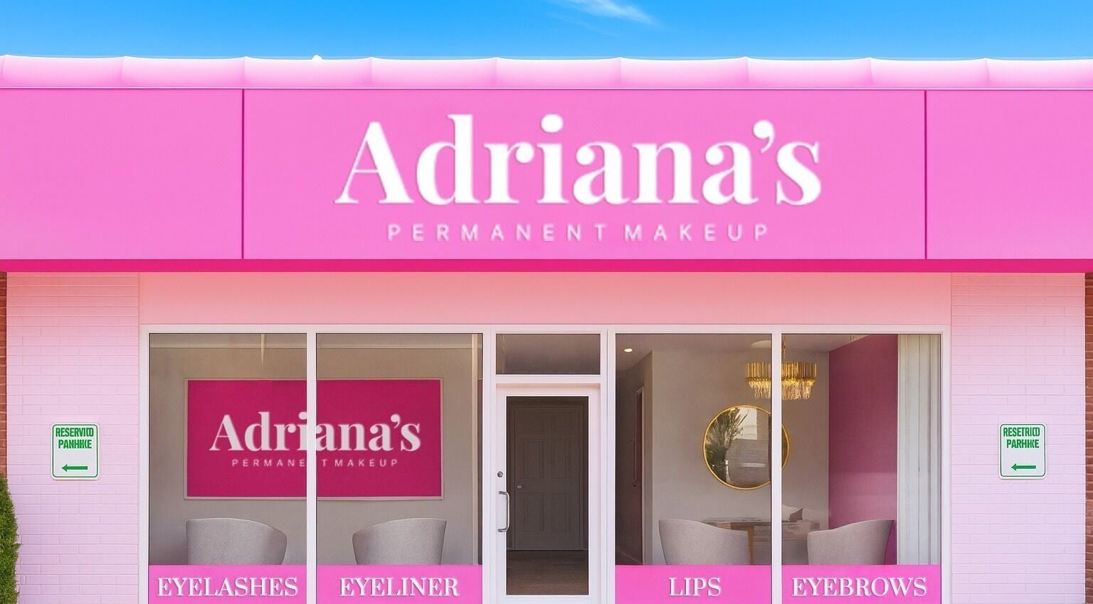 Front view of Adriana's Permanent Makeup II in Salem, New Hampshire, showing vibrant pink exterior and signage.