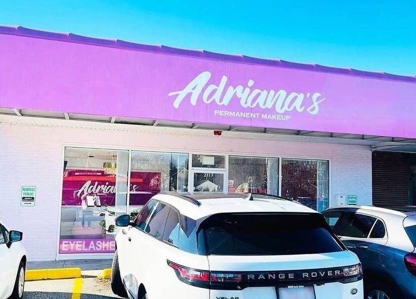 Adriana's Permanent Makeup II in Salem, New Hampshire, features a vibrant pink storefront and parking area.